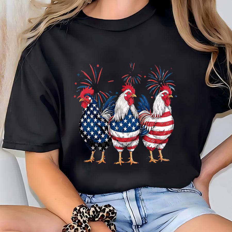Patriotic Rooster Shirt, Funny 4th Of July Chicken Hoodie, Farm Animal Usa Flag Tee, Country Style Gift, Red White Blue Graphic Top T-shirt