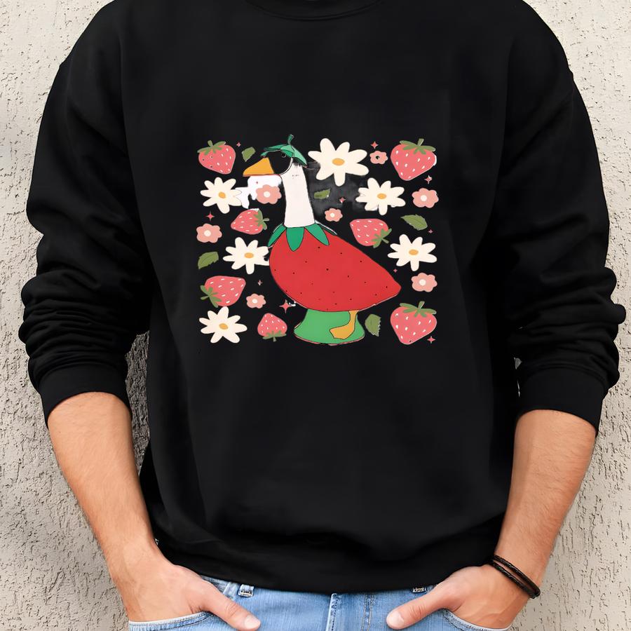 Strawberry Goose Shirt, Cute Goose In Strawberry Costume, Whimsical Farm Animal Tee, Funny Cottagecore Duck Shirt, Kawaii Aesthetic Nature Sweatshirt