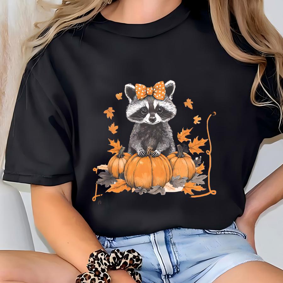 Funny Girls Halloween Shirt, Girl Autumn Kids Shirt, Cute Raccoon Toddler Tee, Halloween Hoodie, Raccoon, Pumpkin, Halloween T-shirt