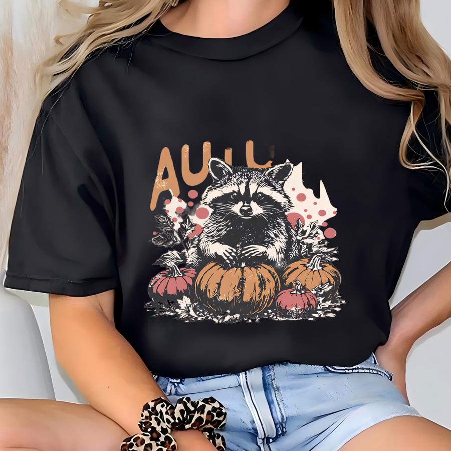 Funny Girls Halloween Shirt, Girl Autumn Kids Shirt, Vintage Raccoon Toddler Tee, Halloween Hoodie, Pumpkin, Funny Fall Shirt T-shirt