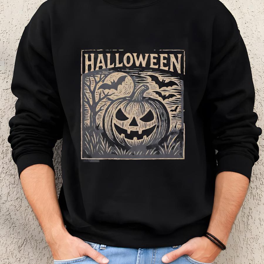 Vintage Linocut Halloween Shirt, Jack O Lantern Pumpkin Tee, Spooky Fall Graphic Sweatshirt, Retro Halloween Aesthetic Sweatshirt Sweatshirt