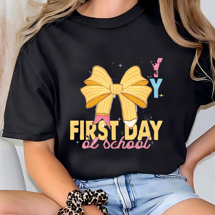 First Day Of School Shirt, Classroom Aesthetic Sweatshirt, Colorful Teacher Hoodie With Bow And Pencil, Back To School Tee T-shirt