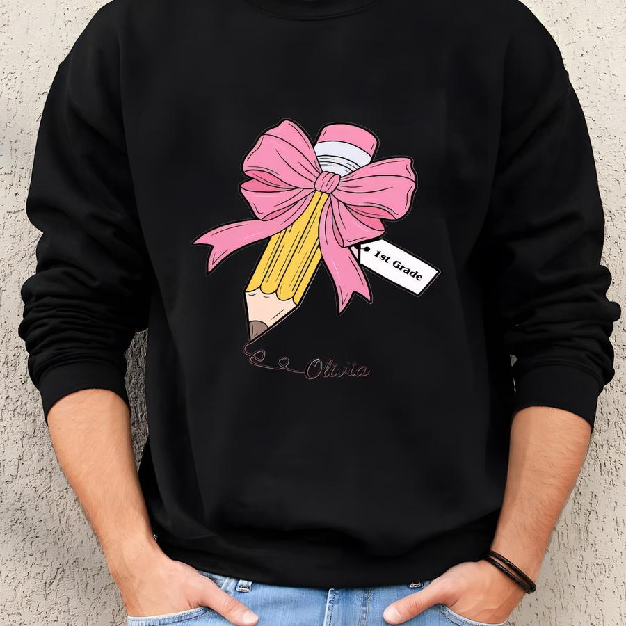 Personalized First Day Of School Shirt: Coquette Bow Pencil Tee Sweatshirt