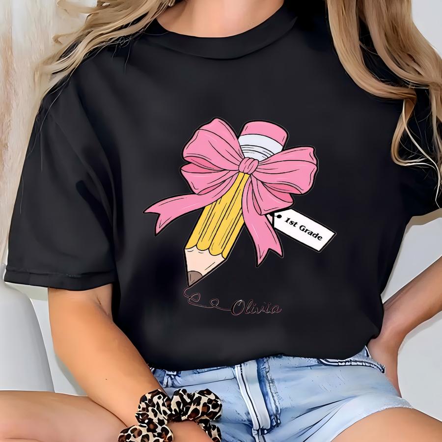 Personalized First Day Of School Shirt: Coquette Bow Pencil Tee T-shirt