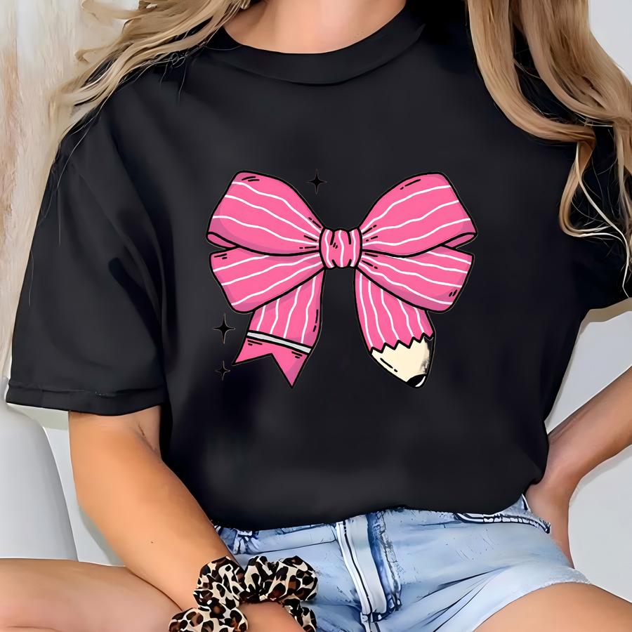 Custom Coquette Teacher Name Shirt, Teacher Pencil Bow, Personalized Teacher Gift, Back To School Teacher Tshirt, Teacher Appreciation Tee T-shirt