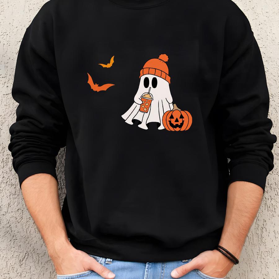 Cute Ghost Shirt, Spooky Season Tee, Pumpkin Spice Latte Season Shirt, Best Halloween T-shirts With Cute Ghost For Women For Fall And Autumn Sweatshirt