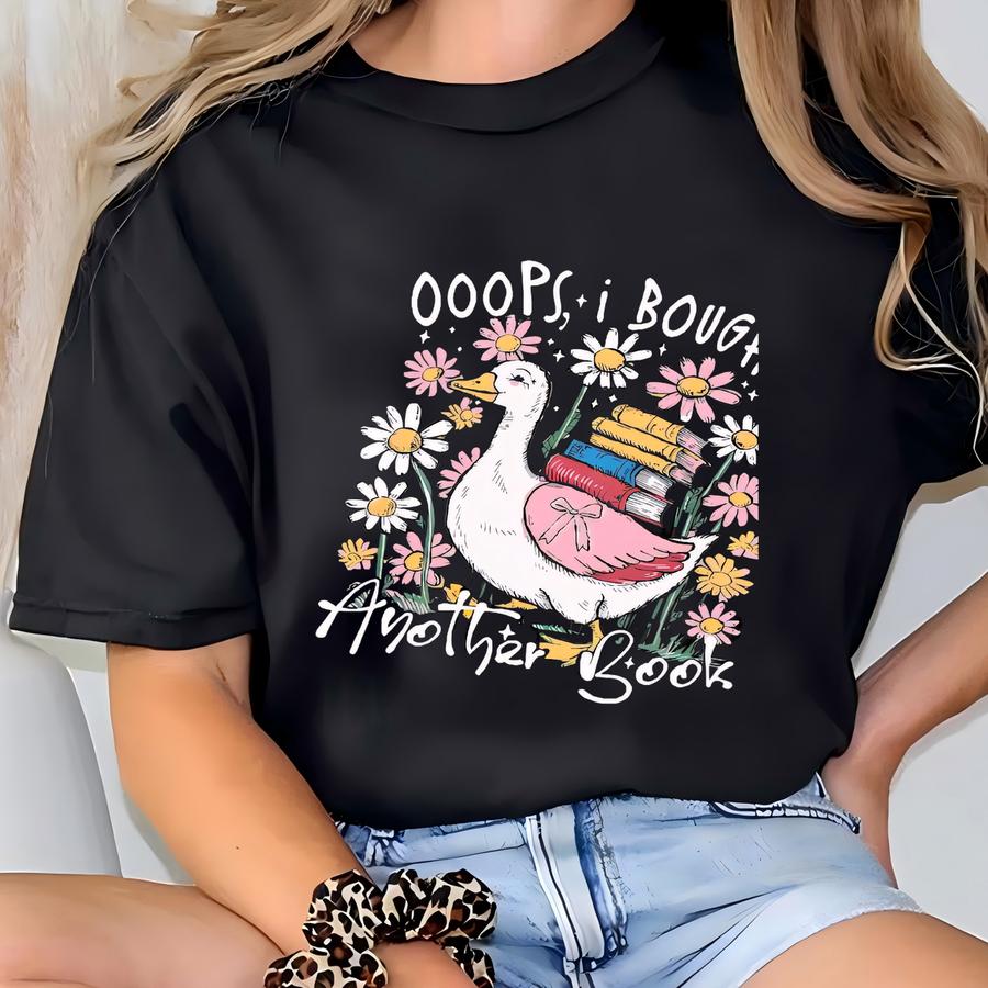 Ooops I Bought Another Book Tee, Funny Duck Book Lover Gift, Aesthetic Floral Bookish, Cute Canvas Tote For Readers Teachers T-shirt