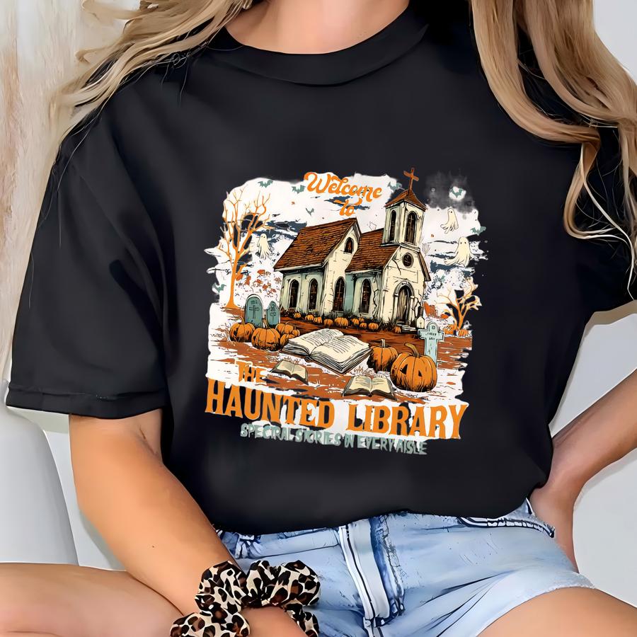 ® Haunted Library Shirt, Ghost Reading Shirt, Spooky Book Lover Tee, Halloween Church Sweatshirt, Spectral Stories Hoodie T-shirt