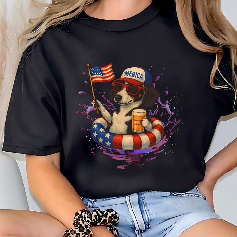 Beachy Dogz 'merica Hoodie Black And White Dachshund, Funny Tee For Dog Lovers, Fourth Of July Apparel, Beer Drinking Flag Waving, Humorous T-shirt