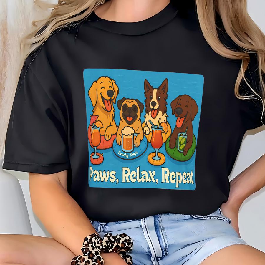 Beachy Dogz Paws, Relax Repeat Unisex Garment-dyed Hoodie, Funny Ocean Summer Tee, Dog Lover Gift, Pug Retriever Aussie Shirt, Humorous T-shirt