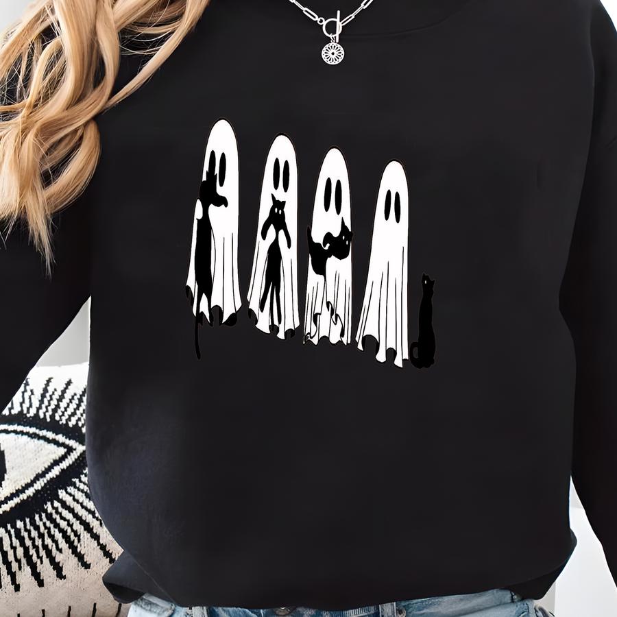 Halloween Black Cat Ghost Shirt, Halloween Ghost Tshirt, Spooky Season Cat Tee, Halloween Cute Women Outfit, Halloween Gift Sweatshirt