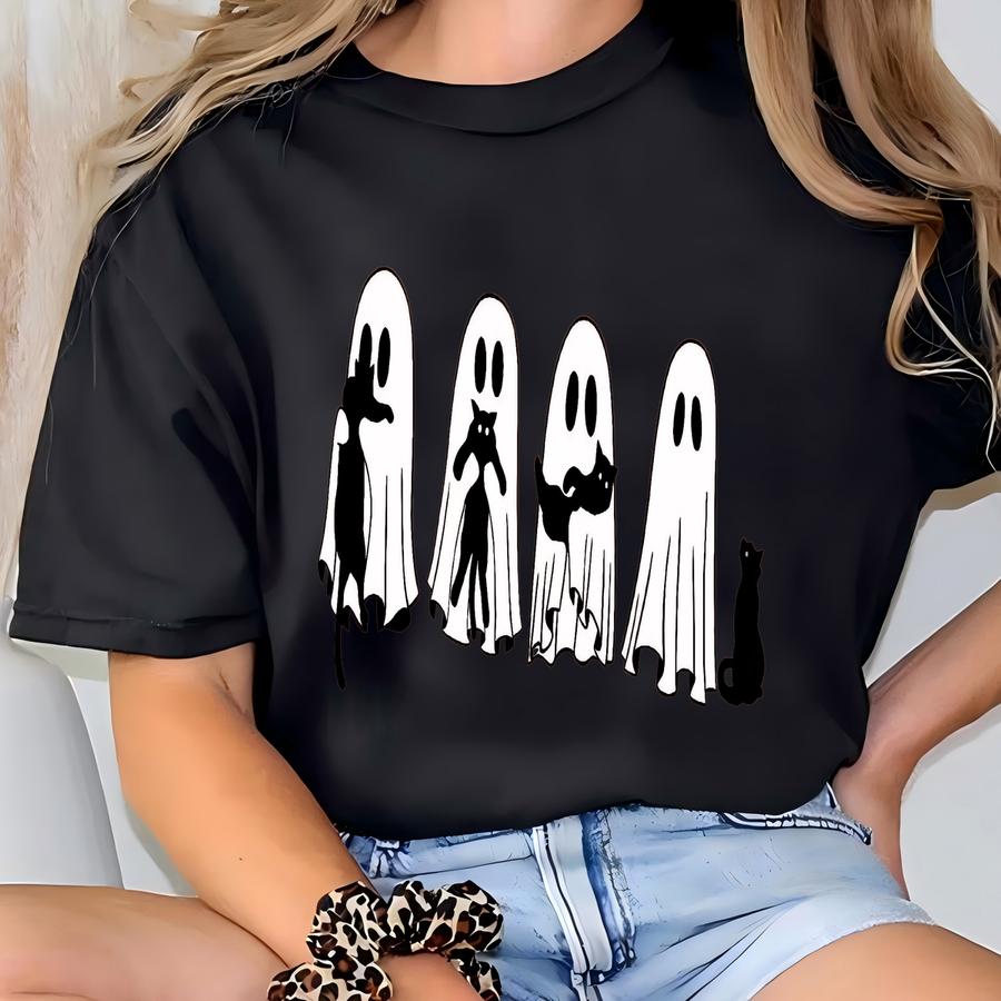 Halloween Black Cat Ghost Shirt, Halloween Ghost Tshirt, Spooky Season Cat Tee, Halloween Cute Women Outfit, Halloween Gift T-shirt