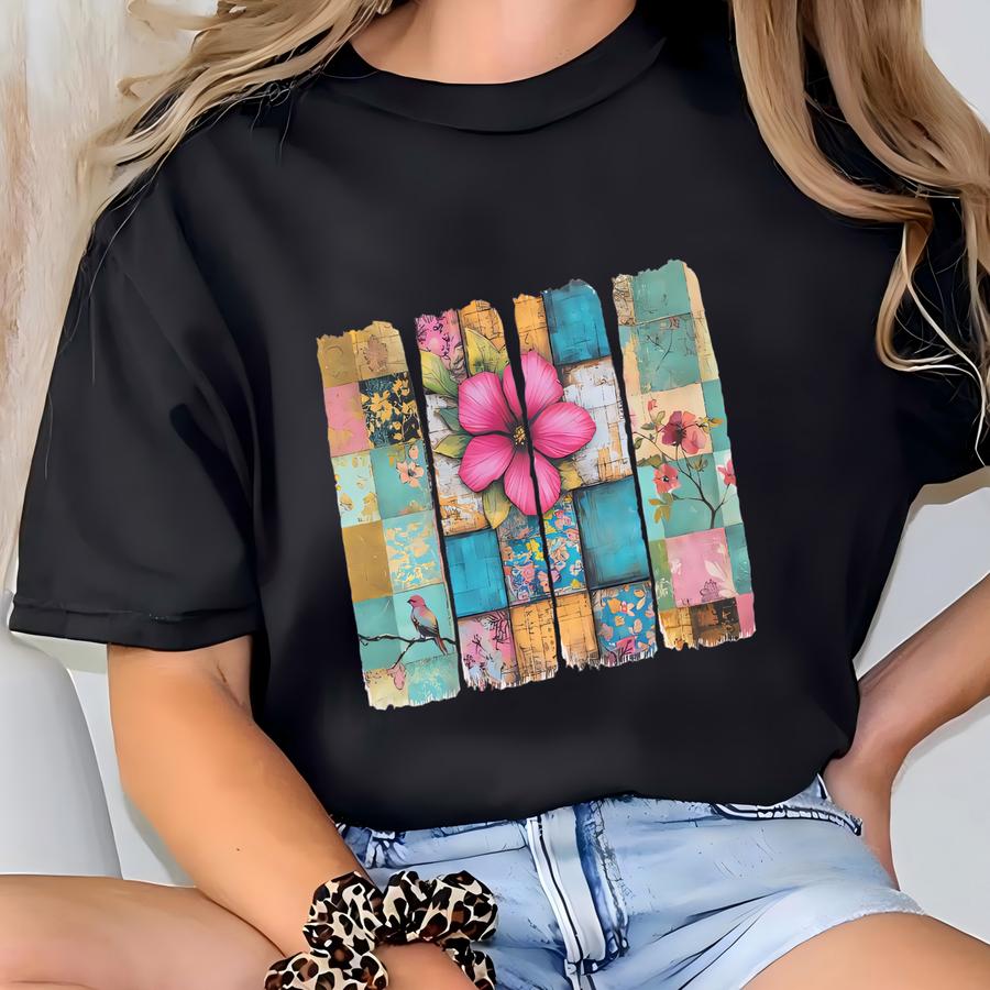 Boho Shirt Flower Graphic Tee, Cottage Core Clothing Floral Print Pink Flower Tshirt Gift For Bestie Summer Shirt T-shirt