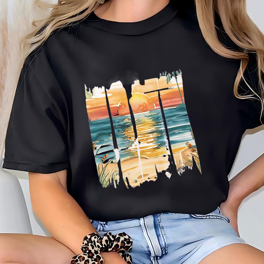 Sunset Graphic Tee: Retro Beach Shirt T-shirt