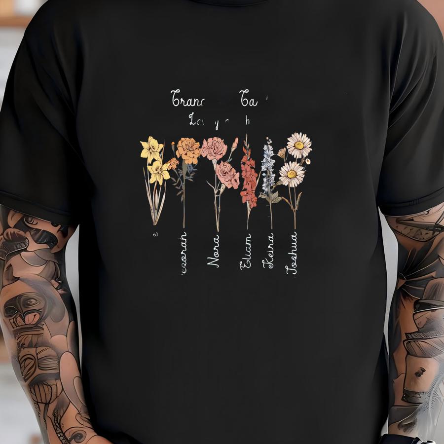 Grandma's Garden Birth Flower Shirt, Personalized Grandkids' Names V-neck, 120 T-shirt