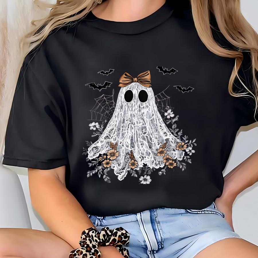 Lace Ghost Halloween Sweatshirt, Spooky Pastel Ghost Tee For Girls T-shirt