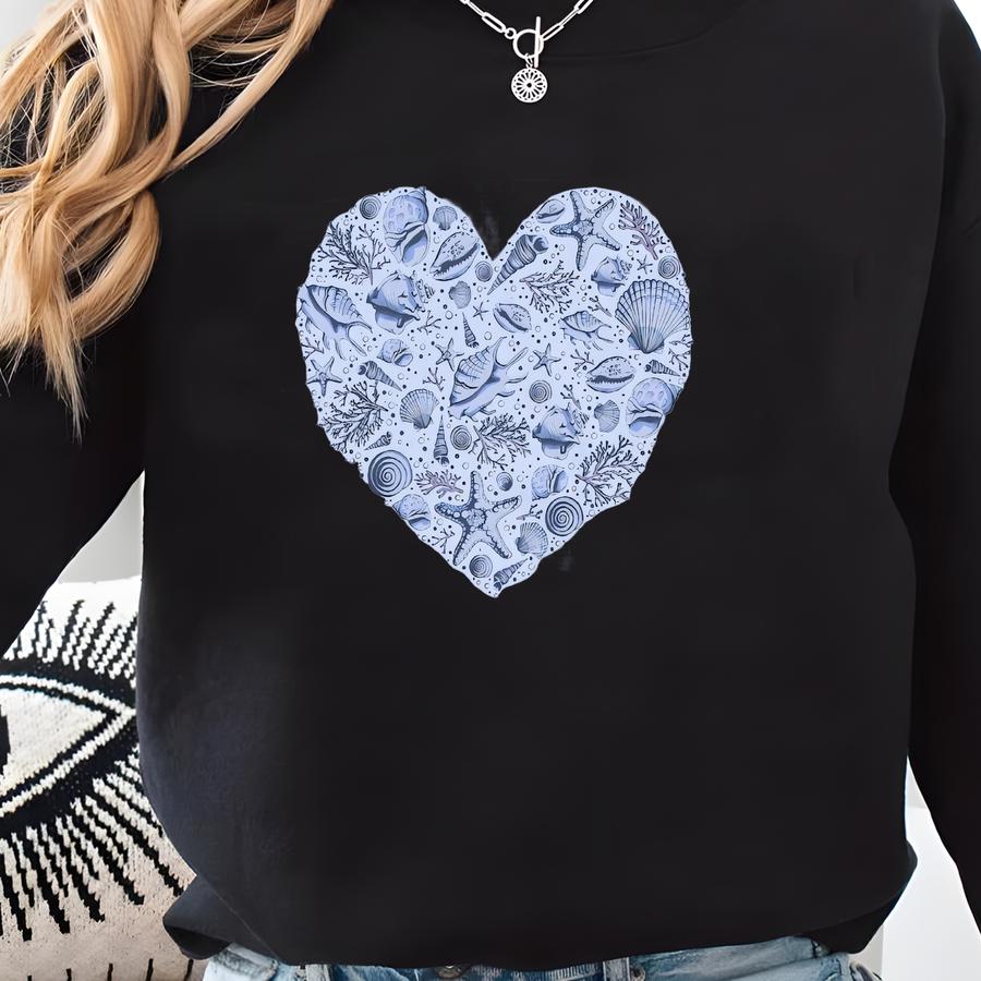 Seas Heart Shirt, Beach Tshirt, Summer Women Tee, Sea Lovers Shirt, Ocean Outfit, Al Cute Sea Animal Shirts, Aesthetic Holiday Tee Sweatshirt