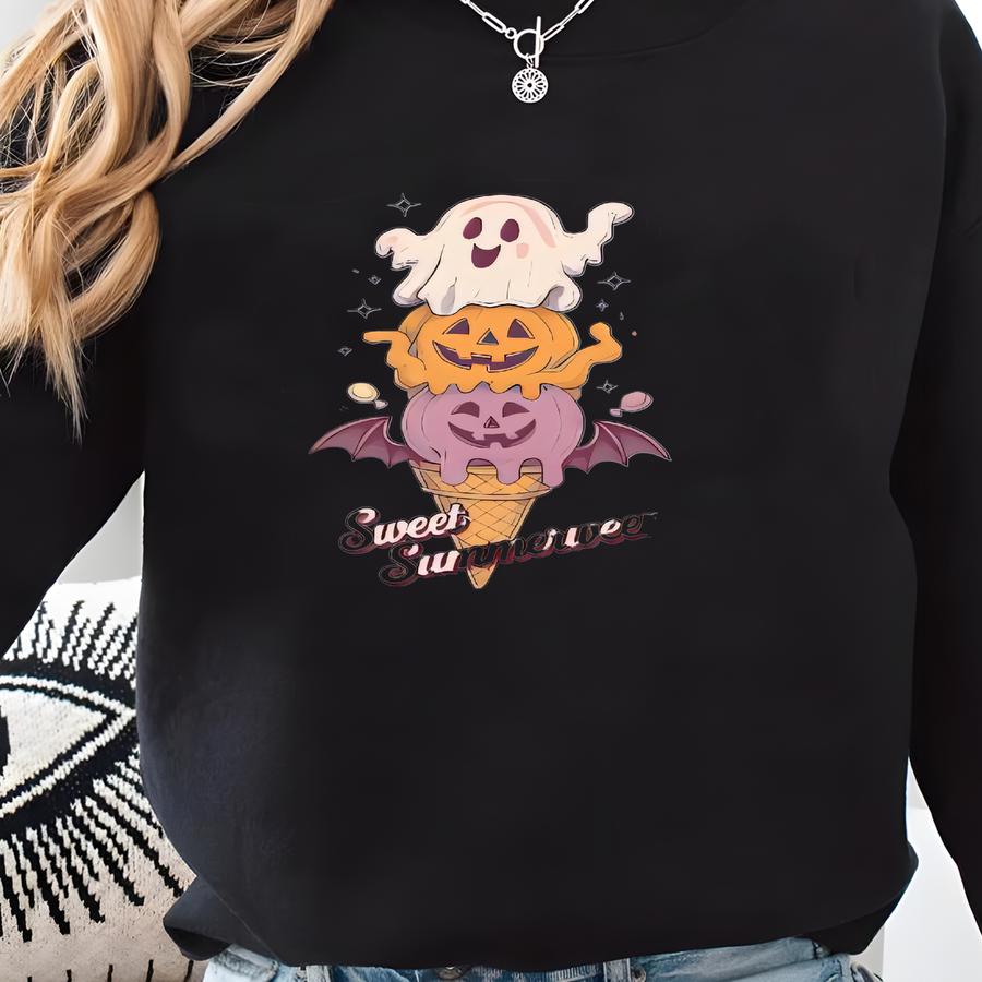 Baby Tee, Sweet Summerween Shirt, Halloween Ice Cream Tee, Kawaii Ghost Pumpkin T-shirt, Spooky Summer Shirt, Pastel Goth Tee, Retro Summer Sweatshirt