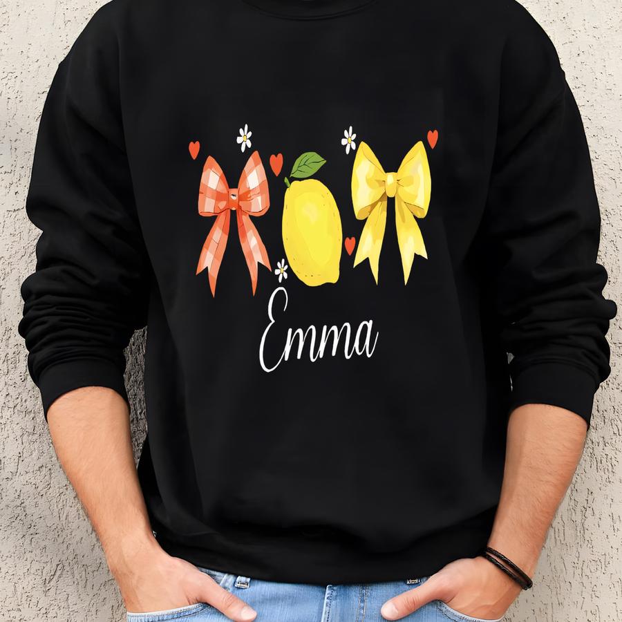 Custom Coquette Lemon T-shirt, Personalized Name Shirt, Summer Fruit Shirt,summer Vibes Tee,preppy Summer Shirt,cute Lemon Shirt,fruit Shirt Sweatshirt