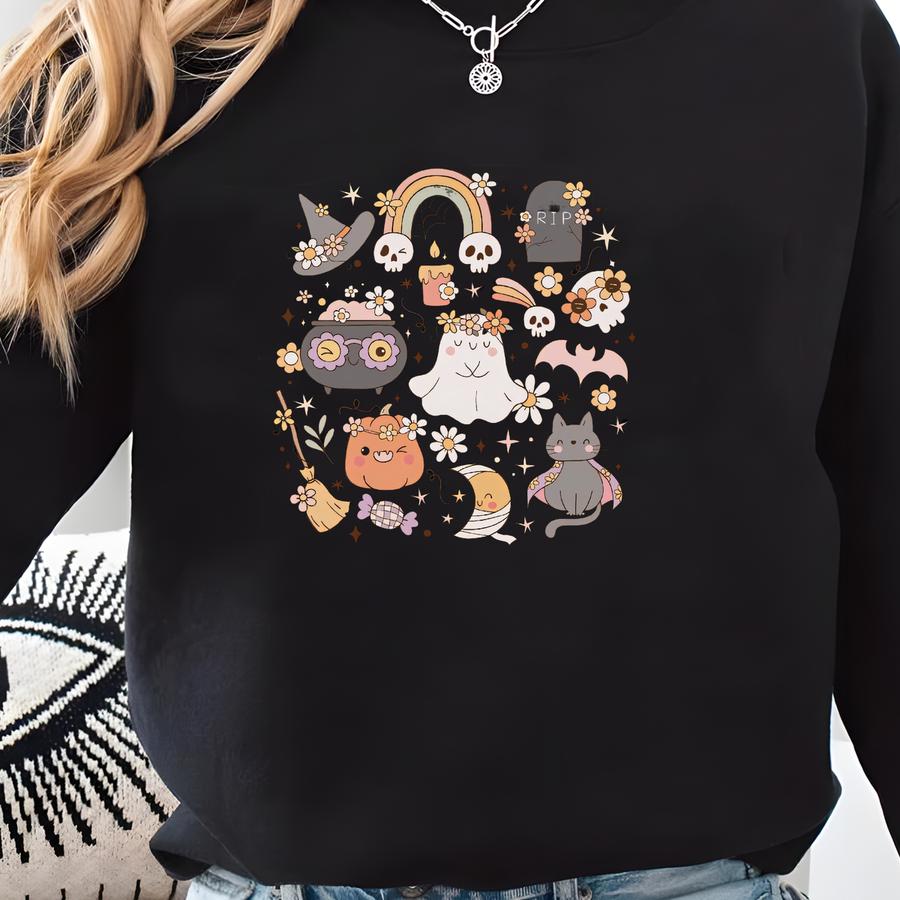 Pink Halloween Doodles Shirt: Retro Hippie Ghost Crewneck Tee Sweatshirt