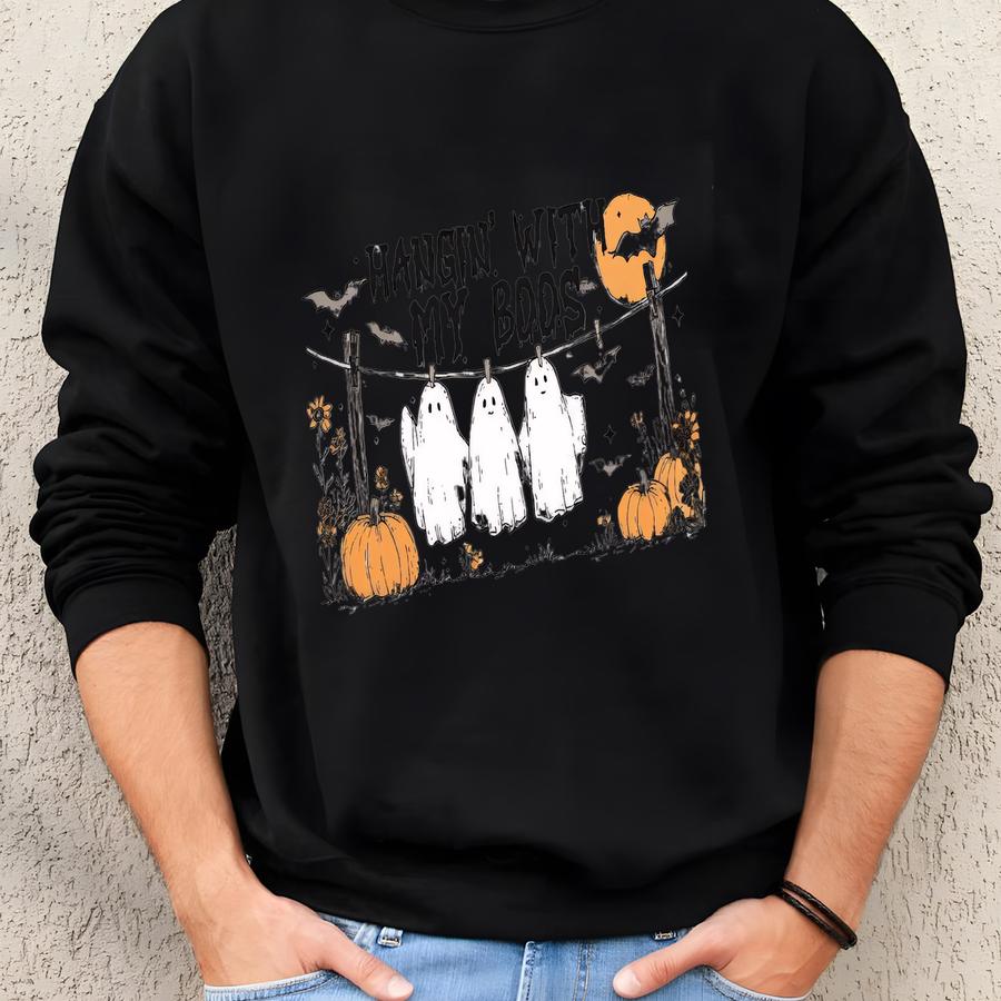 Funny Hanging Ghost Sweatshirt, Hangin' With My Boos, Halloween Crewneck, Cute Ghost Shirt, Gifts For Halloween, Funny Spooky Season Sweater Sweatshirt