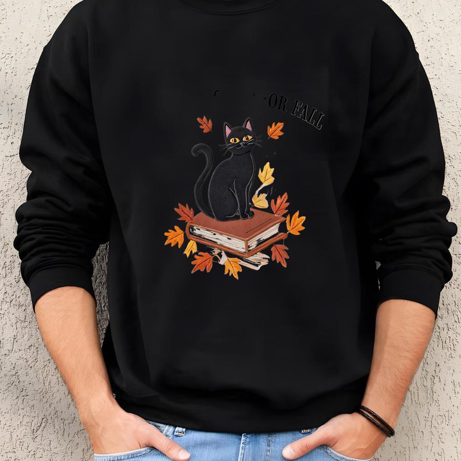 Autumn Sweatshirt, Cat Lying On Book With Fall Leaves Sweatshirt, Halloween Sweatshirt,reading Sweater, Gifts For Book Lovers Sweatshirt
