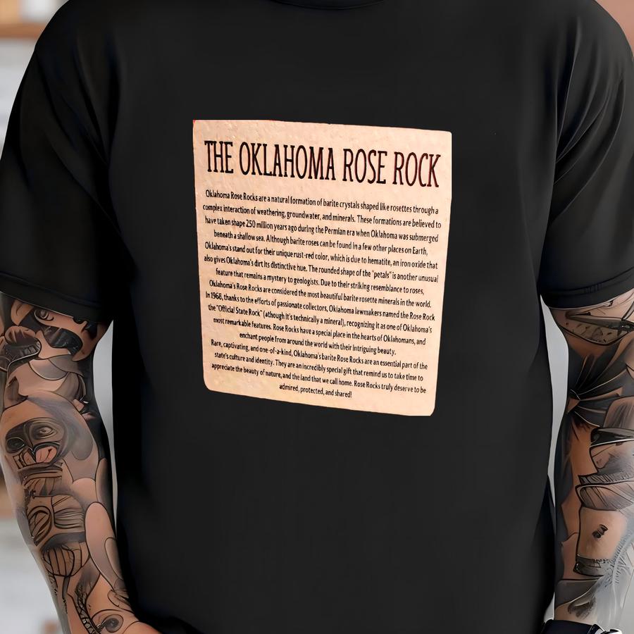 Oklahoma Barite Rose Rock Info Card By Red Dirt Roses T-shirt