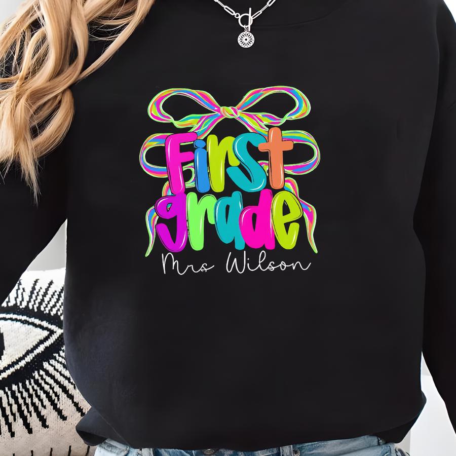 Personalized First Grade Teacher Shirt, Teacher Grade Crew Neon Bow Shirt, Back To School Gift, Teacher Appreciation Gift, Dream Team Shirt Sweatshirt