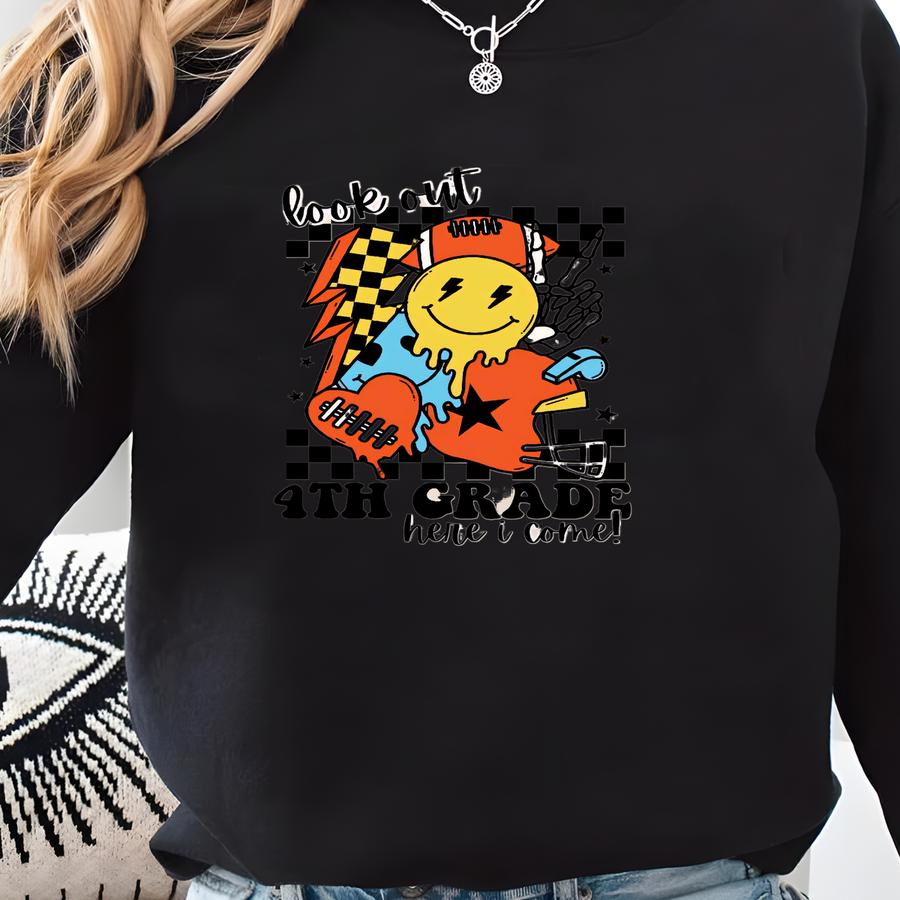Look Out Fourth Grade Here I Come Shirt For Kids, 4th Grade Boys Shirts, Back To School Tee For Boys, First Day Of School Football Shirt, Sweatshirt