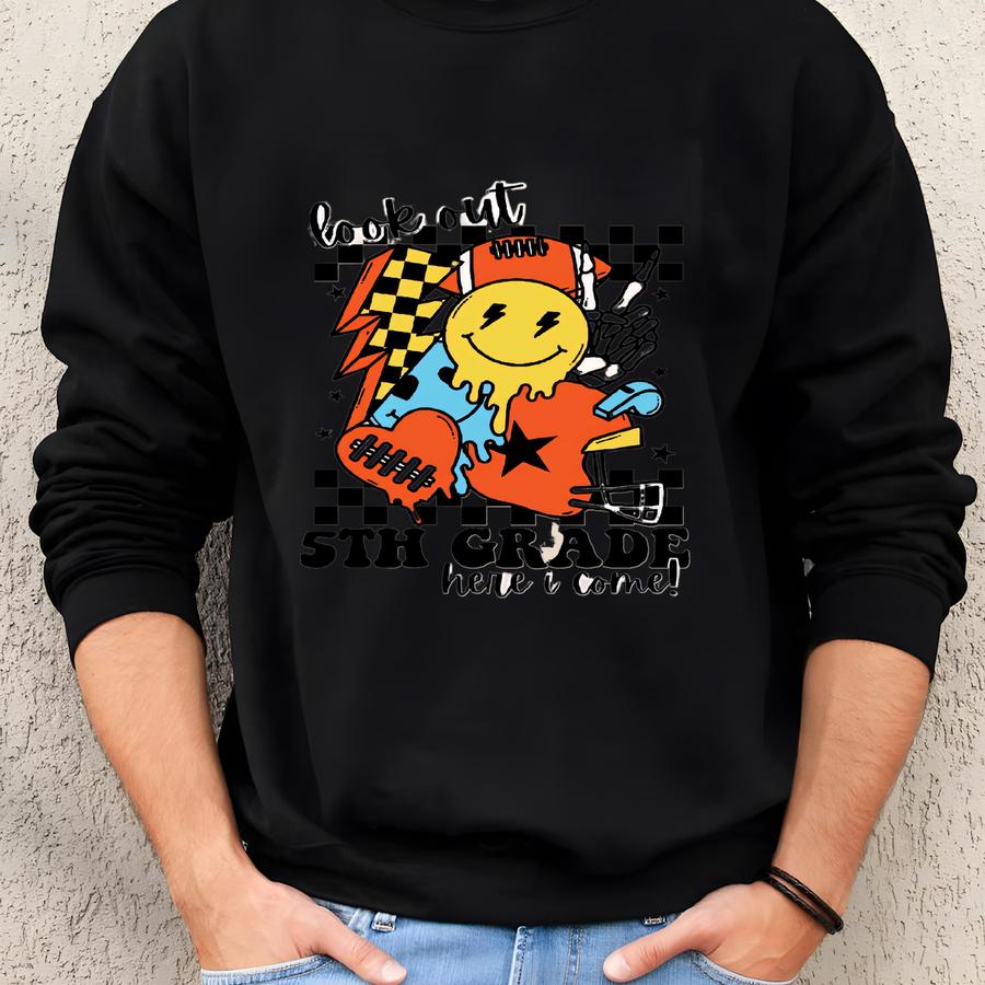 Look Out Fifth Grade Here I Come Shirt For Kids, 5th Grade Boys Shirts, Back To School Tee For Boys, First Day Of School Football Shirt, Sweatshirt