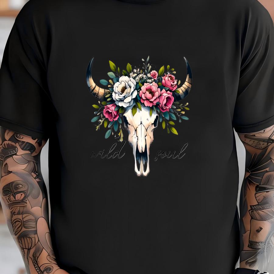 Boho Floral Cow Skull Sweatshirt: Wild Soul Western Style T-shirt