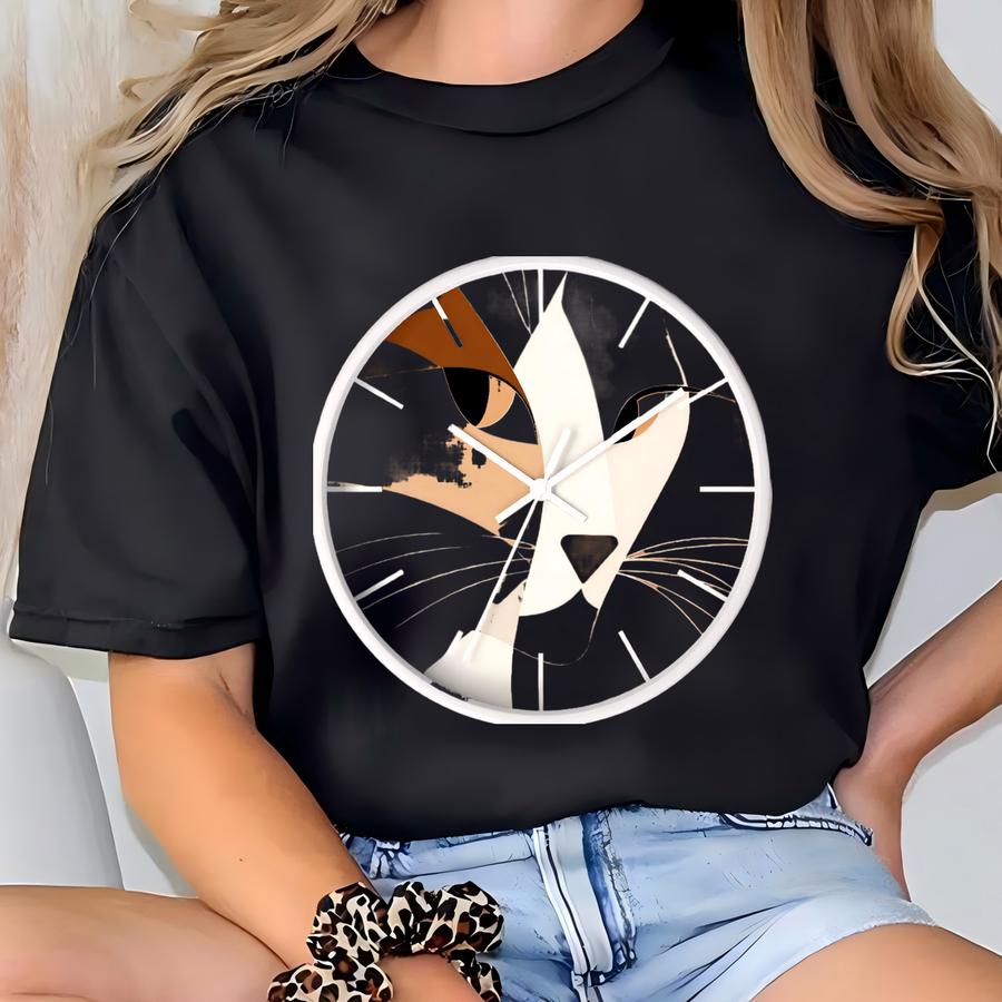 Modern Wood Cat Wall Clock: Minimalist Silent Art Decor T-shirt