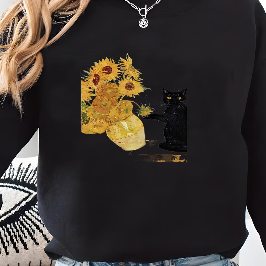 Van Gogh Cat Sweatshirt, Van Gogh Black Cat Hoodie, Cute Black Cat Shirt, Funny Cat Long Sve, Cat Lovers Gift, Gift For Her, Shirt Sweatshirt