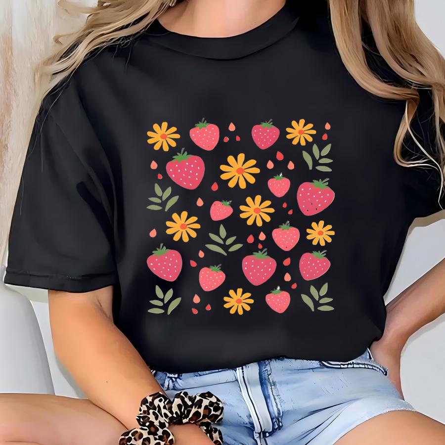 Boho Strawberry Shirt, Boho Floral Shirt, Farmers Market Shirt, Floral , Strawberry Lovers,fruit Lover Gift Tee T-shirt