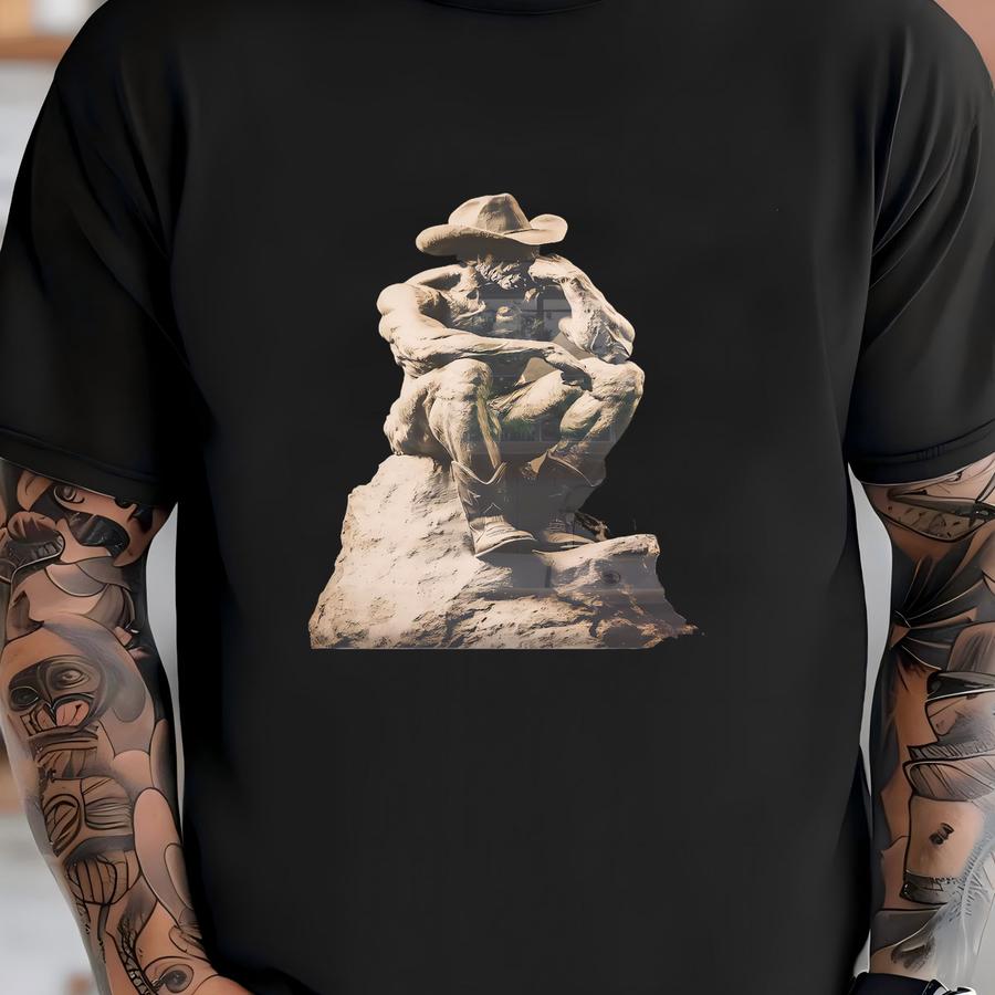 The Cowboy Thinker Sculpture Wall Art, Ranch House Bathroom Funny Toilet Poster, Guest Bathroom Western Decorating, Toilet Humor Wall Art T-shirt
