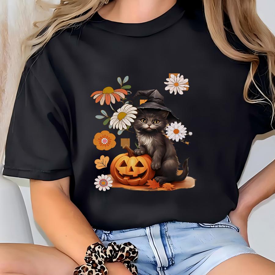 Black Cat Halloween Hoodie: Retro Tee T-shirt