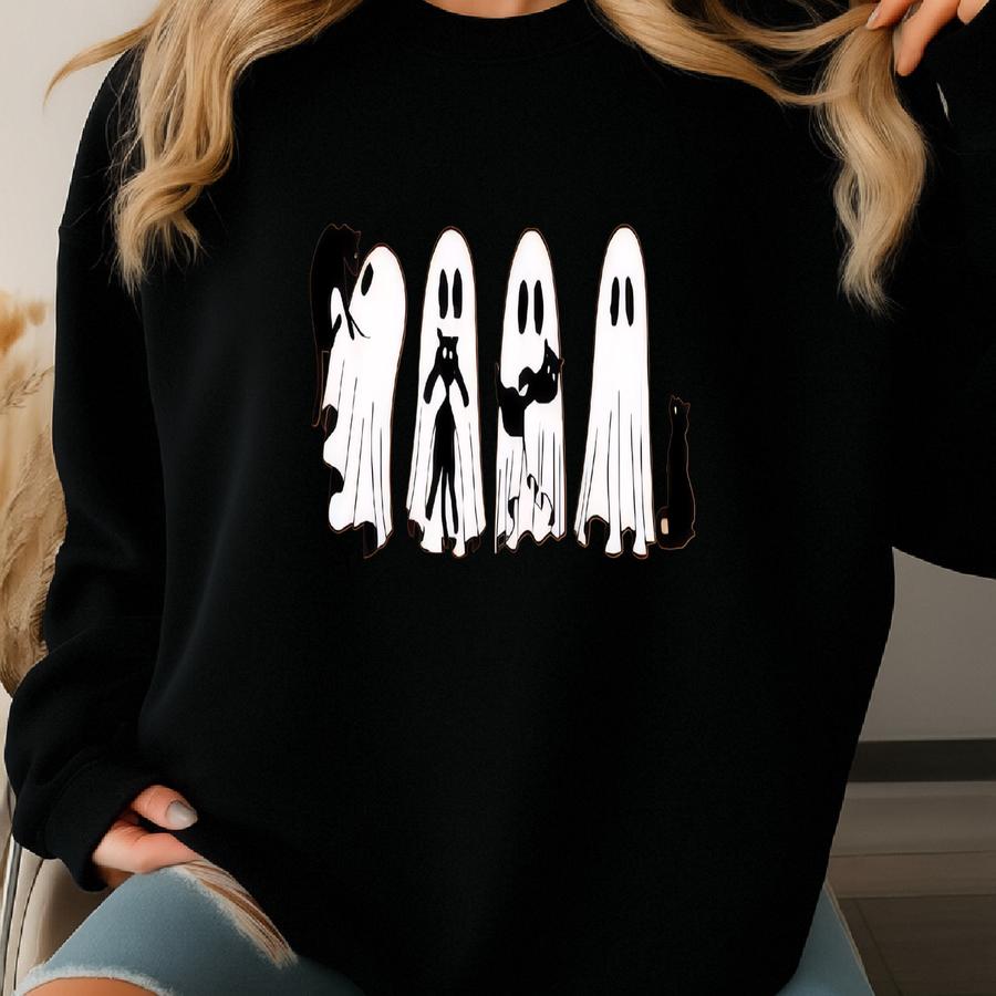 Kids Ghosts With Cat Tshirt, Cute Halloween Ghosts, Cat Lover Ghost Sweatshirt, Halloween Cat Tee, Spooky Season Cat, Cat Person Spooky Vibe Sweatshirt