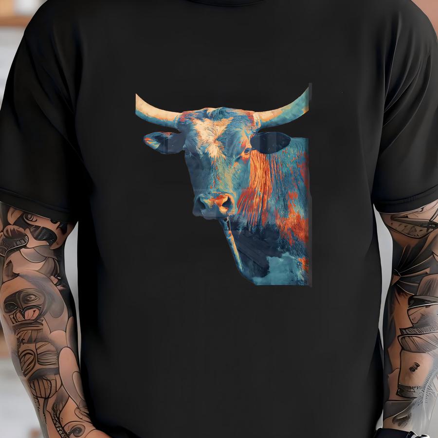 Colorful Texas Longhorn Wall Art, Bold Western Cow Print, Rustic Ranch Decor, Modern Retro Cowboy Animal Portrait, Vibrant Longhorn Poster T-shirt
