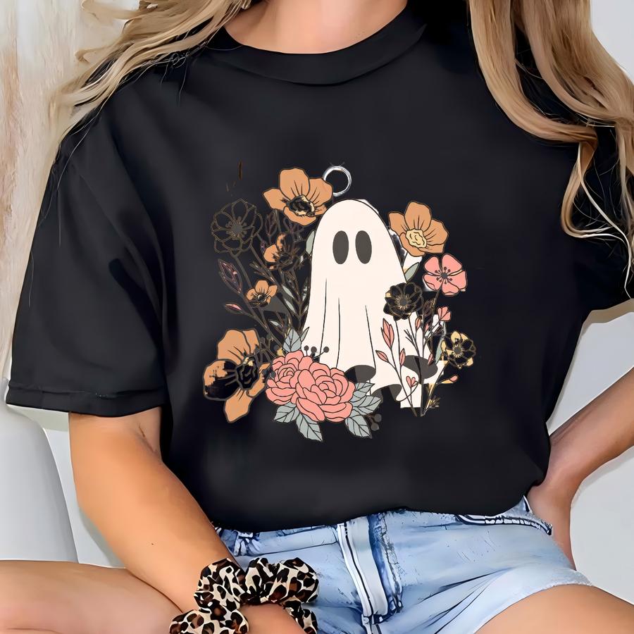 Checkered Ghost Halloween Hoodie: Floral Retro Tee T-shirt