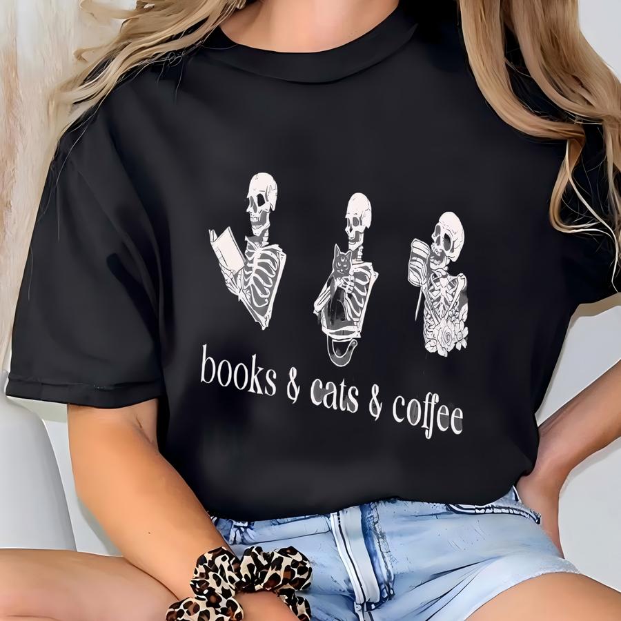 ® Bookish Shirt, Coffee Lover Tshirt, Funny Skull Book Lover Shirt, Coffee And Cat Book Lovers Gift, Readers Gift Shirt T-shirt
