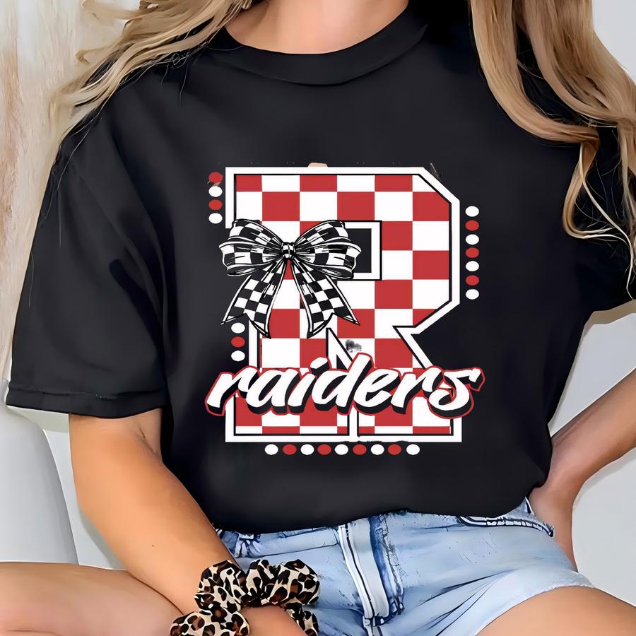 Shirt Coquette Bow Shirt Custom School Mascot Shirt Checkered Print Shirt School Spirit Shirt Game Day Shirt Raider Pride T-shirt