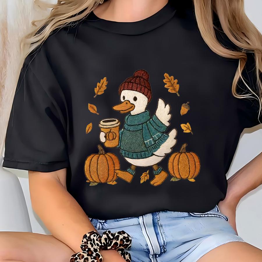 Faux Emroidered Just A Fall Goose Sweatshirt, Autumn Cozy Hoodie, Fall Vibes Sweatshirt, Silly Goose Tee,fall Autumn Thanksgiving T-shirt