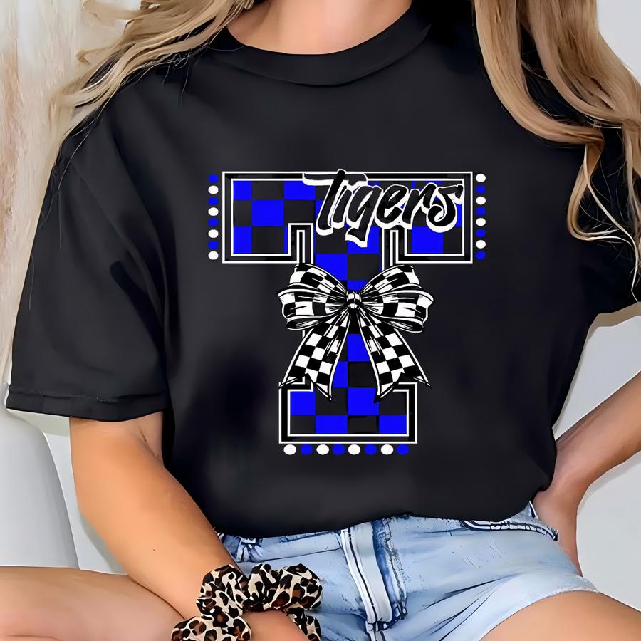 Tigers Shirt Checkered Print Coquette Bow Shirt Custom School Mascot Shirt Tigers Sweatshirt Sports Shirt Game Day Hoodie School Spirit Tees T-shirt