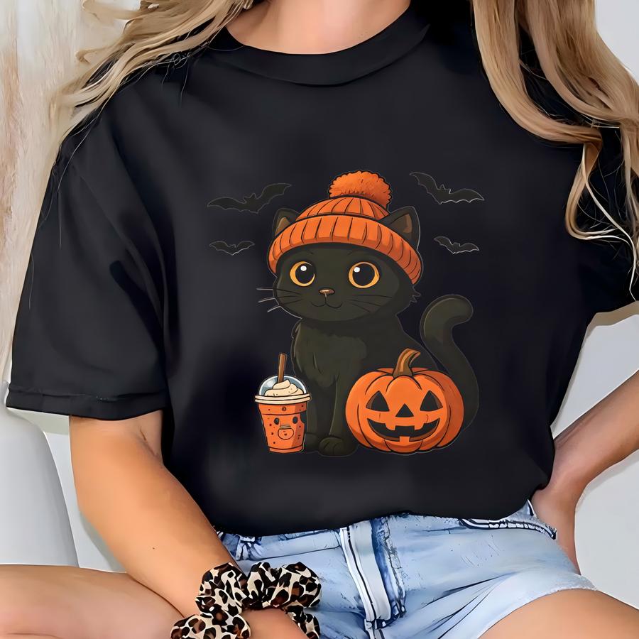 Halloween Black Cat Sweatshirt, Cute Cat Lover Sweater, Spooky Season Sweatshirt, Halloween Gift, Trick Or Treating Coffee Lover Halloween T-shirt