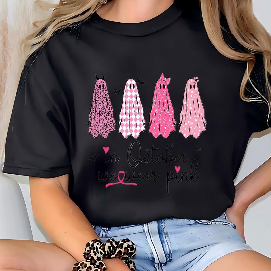 Breast Cancer Support Shirt, Breast Cancer Shirt, In October We Wear Pink Ghosts, Breast Cancer Awareness Gift,warrior Pink Ribbon Tee T-shirt