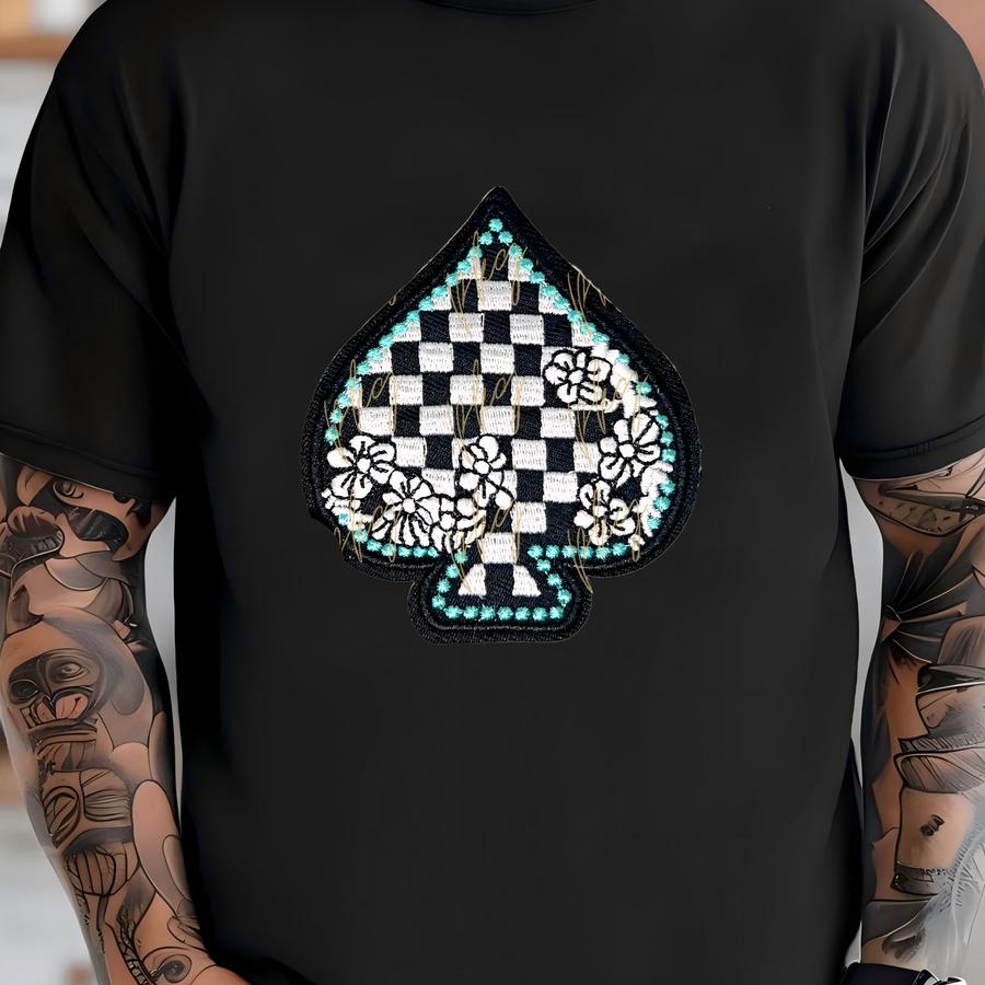 Floral Checkered Spade Patch - Iron On - Black White Turquoise - Accessory - Trucker Hat - Y - Western Cowgirl T-shirt