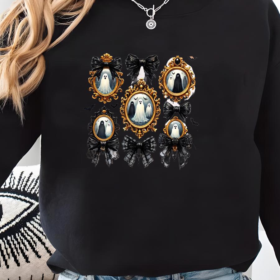 Coquette Bow Ghost Portraits T-shirt, Vintage Halloween Frames With Black Lace Bows Tshirt,spooky Girly Ghost Shirt, Cute Ghost Shirt,retro Sweatshirt