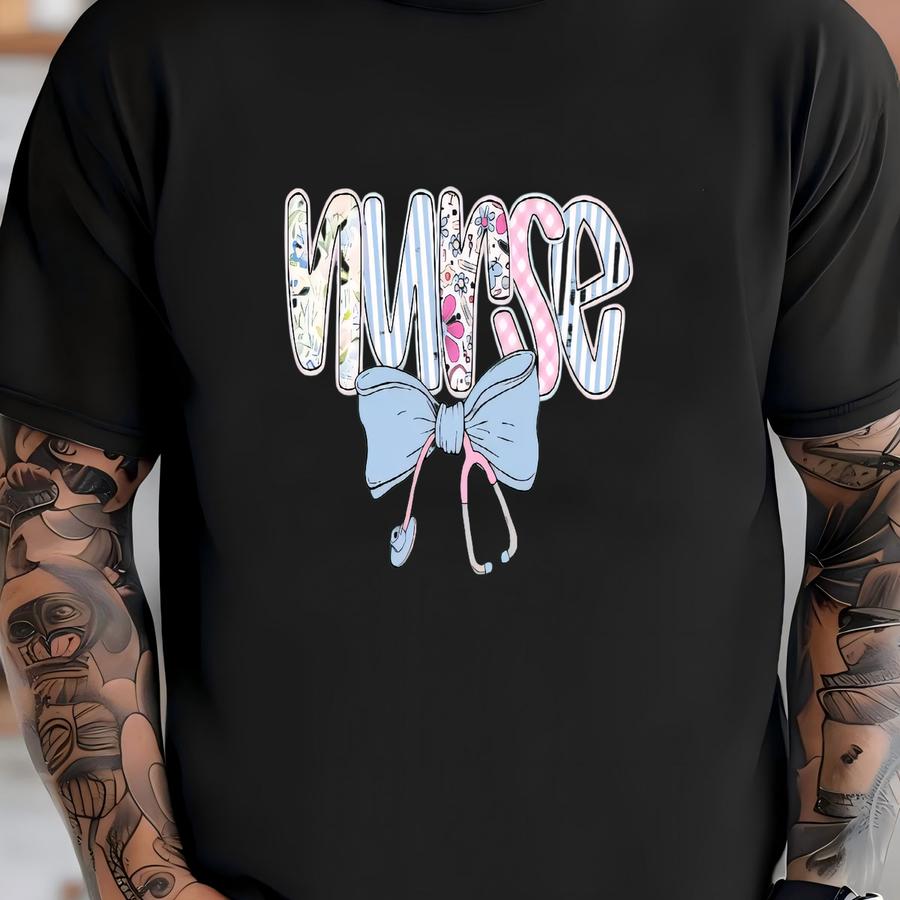 Nurse Shirt, Cute Bow Tee, Floral Nurse Shirt, Rn Gift, Nursing School Tee, Coquette Nursing Shirt, Nurse Appreciation Gift T-shirt