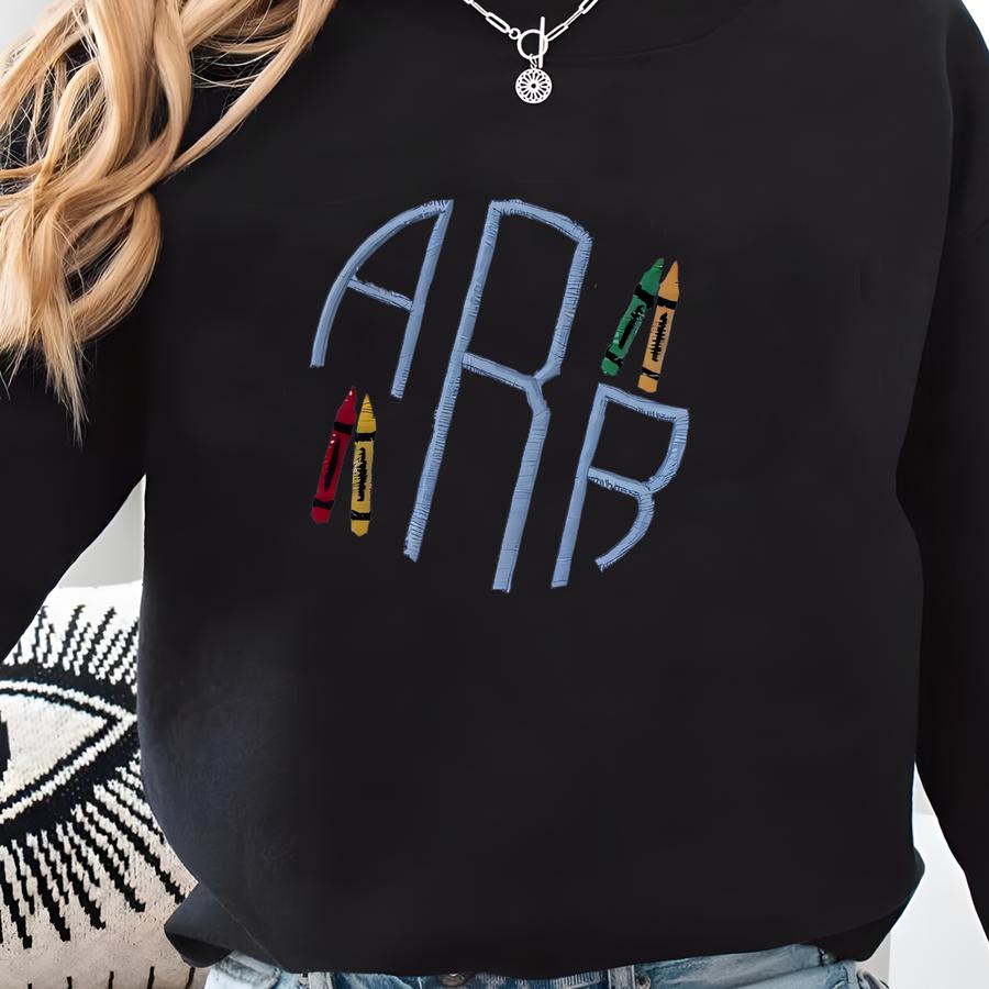 Girl And Boy Back To School Monogram Shirt, Preschool Outfit, Personalized Toddler Outfit Idea, First Day Of School, Crayon Name Shirt Sweatshirt