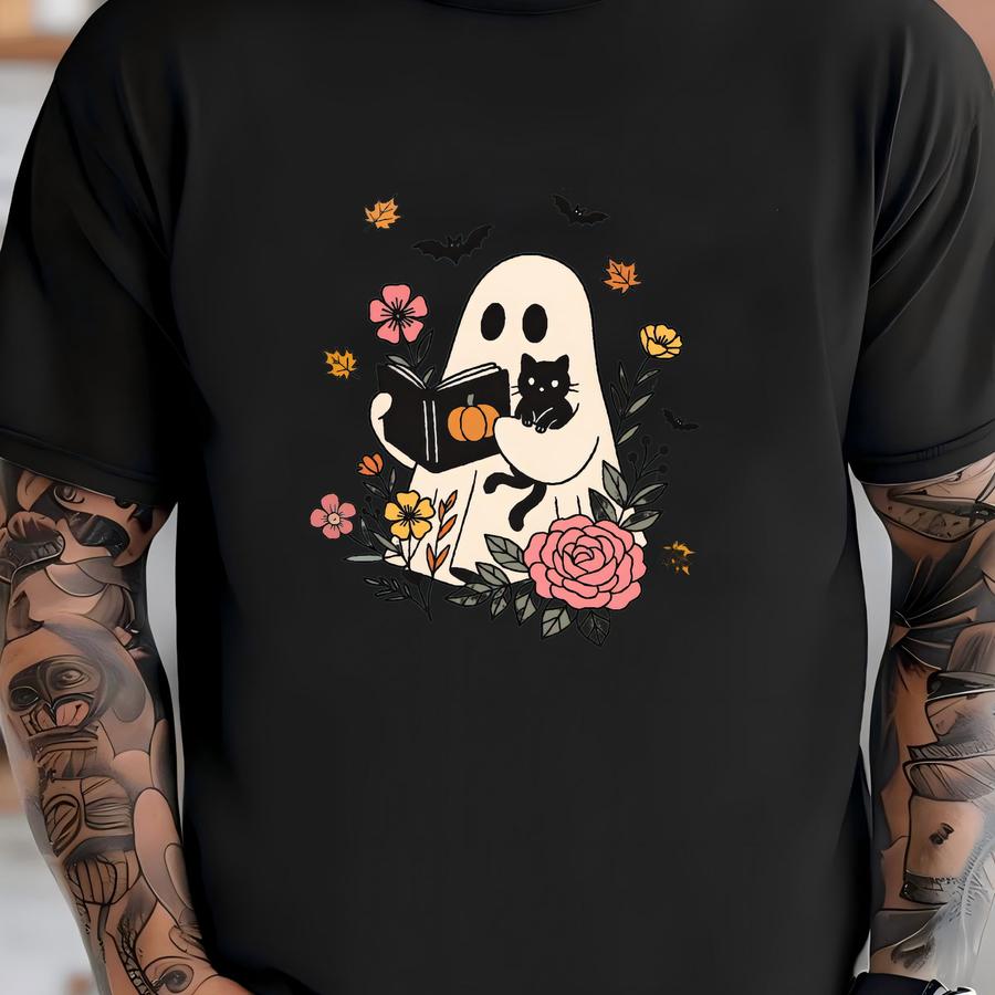 ® Ghost Reading Book Shirt, Halloween Ghost Shirt, Bookish Halloween Shirt, Teacher Halloween Shirt, Ghost And Black Cat Shirt T-shirt